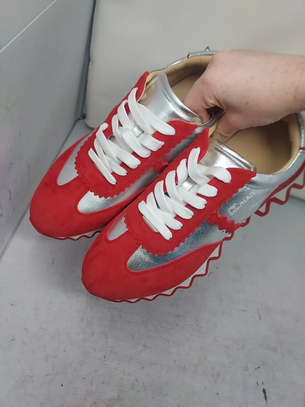 CHRISTIAN LOUBOUTIN MENS  Loubishark Red Silver Low Top Sneaker